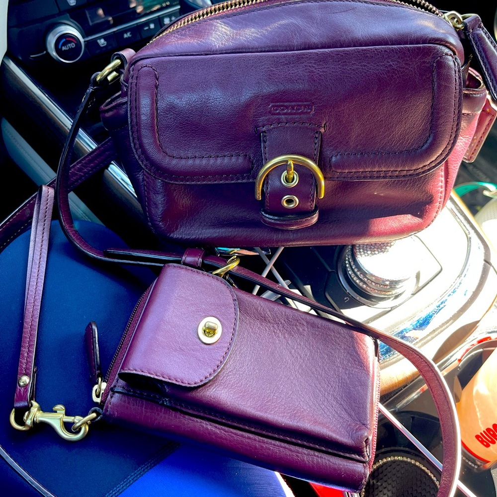 Mahogany Coach Campbell camera crossbody purse with FREE MATCHING WALLET!